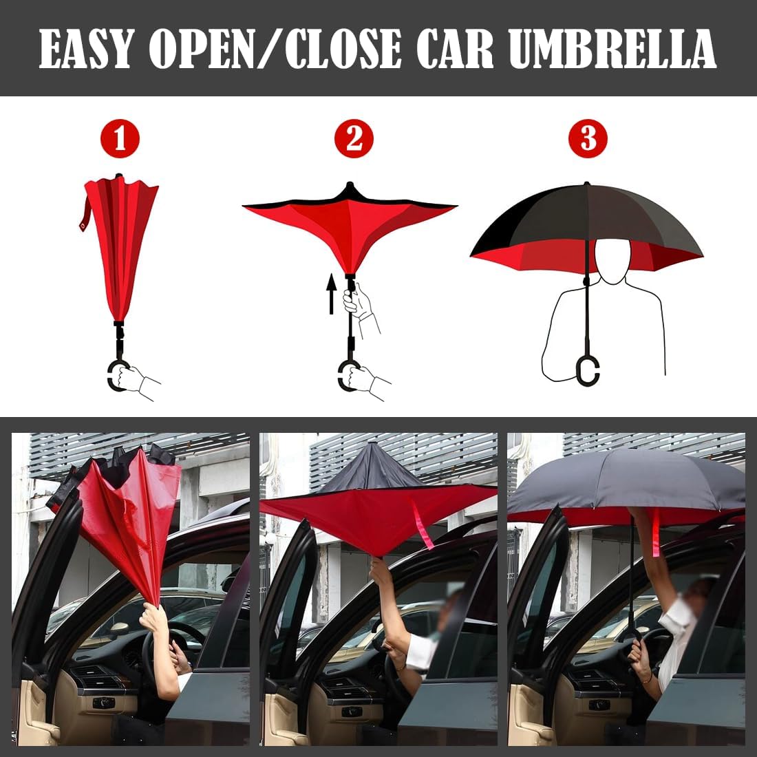 Inverted Reverse Umbrella – Windproof, Double Layer, C-Shaped Handle
