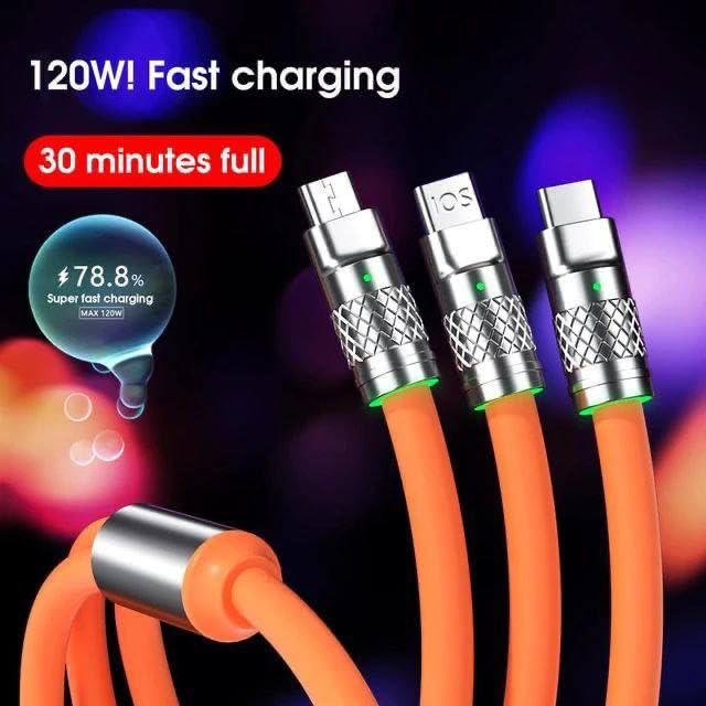 120W 3-in-1 Fast Charging Retractable USB Cable for All Phones and Tablets