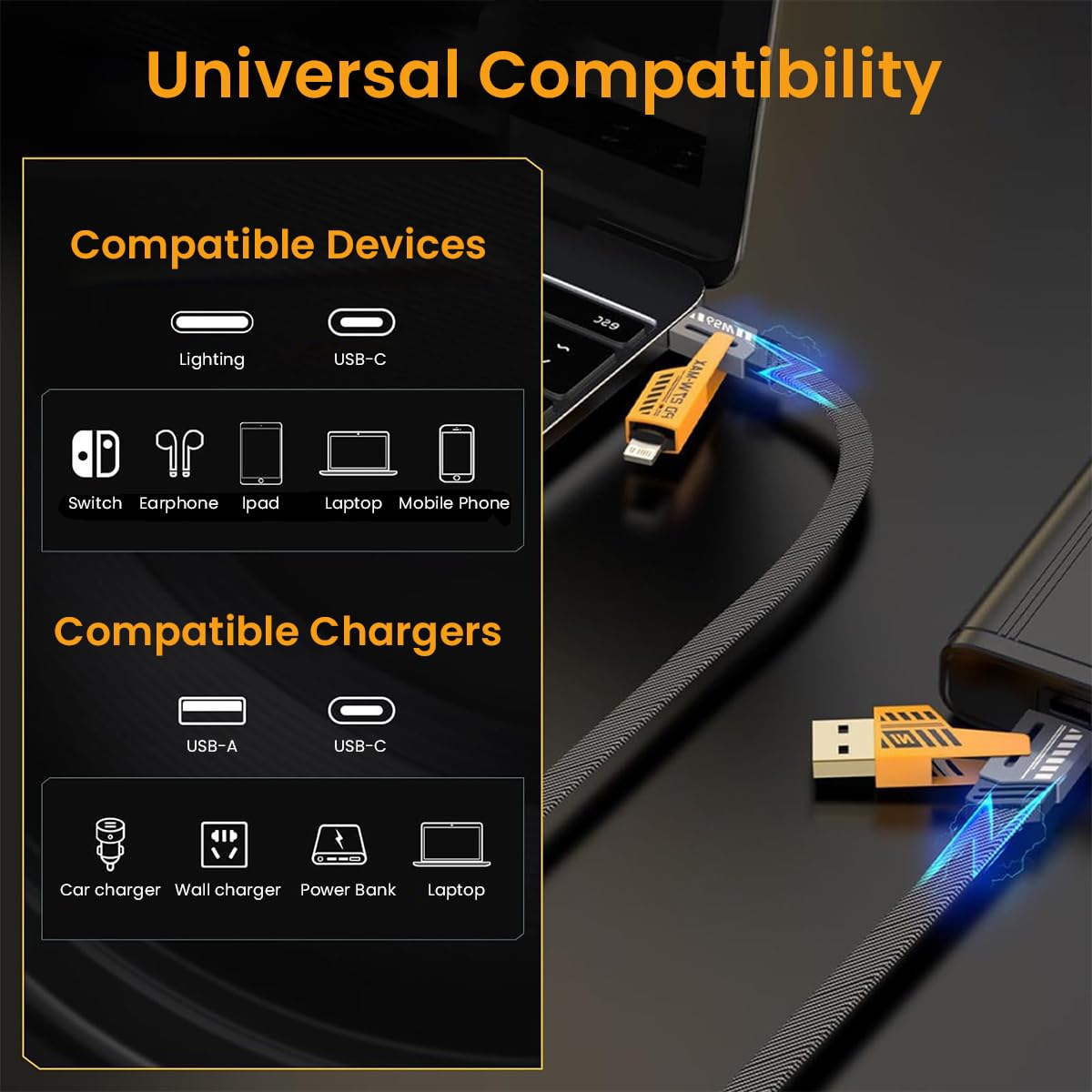 4-in-1 USB-C Charging & Data Cable: USB-C to Lightning, USB-C to USB-A, USB-A to Lightning, PD60W. Compatible with iPhone 15/14/13, laptops, and tablets.
