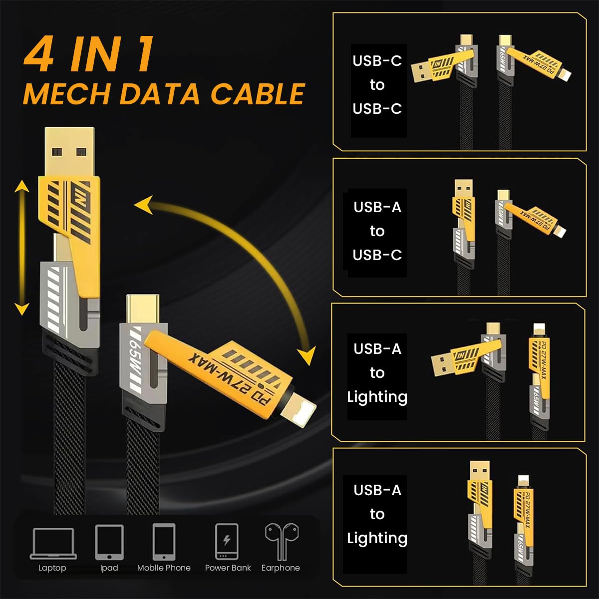 4-in-1 USB-C Charging & Data Cable: USB-C to Lightning, USB-C to USB-A, USB-A to Lightning, PD60W. Compatible with iPhone 15/14/13, laptops, and tablets.