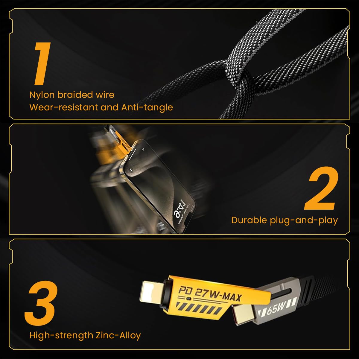 4-in-1 USB-C Charging & Data Cable: USB-C to Lightning, USB-C to USB-A, USB-A to Lightning, PD60W. Compatible with iPhone 15/14/13, laptops, and tablets.