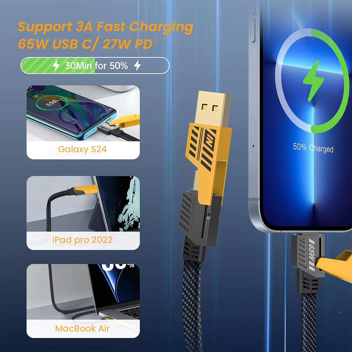 4-in-1 USB-C Charging & Data Cable: USB-C to Lightning, USB-C to USB-A, USB-A to Lightning, PD60W. Compatible with iPhone 15/14/13, laptops, and tablets.