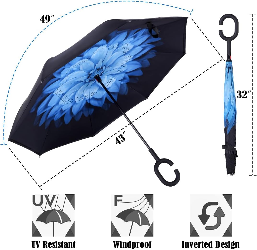 Inverted Reverse Umbrella – Windproof, Double Layer, C-Shaped Handle