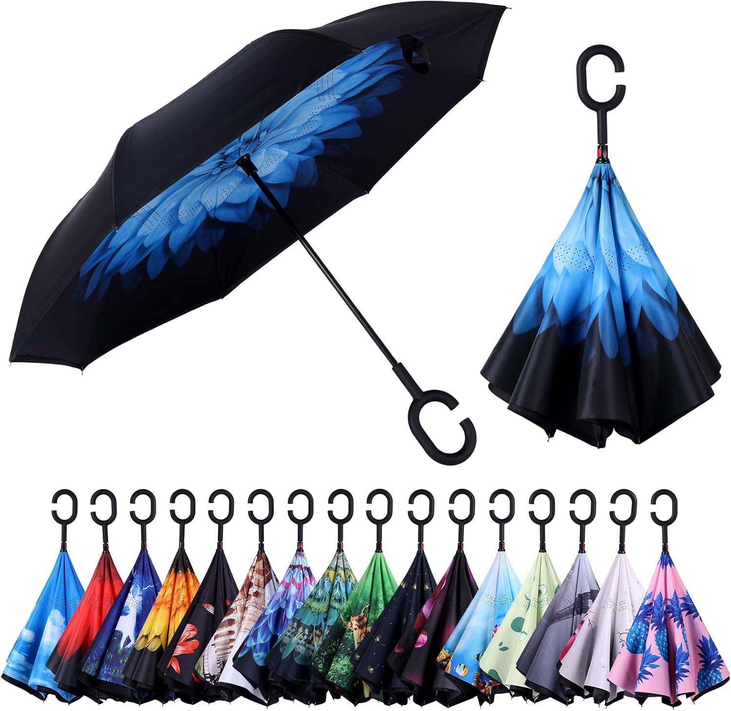 Inverted Reverse Umbrella – Windproof, Double Layer, C-Shaped Handle