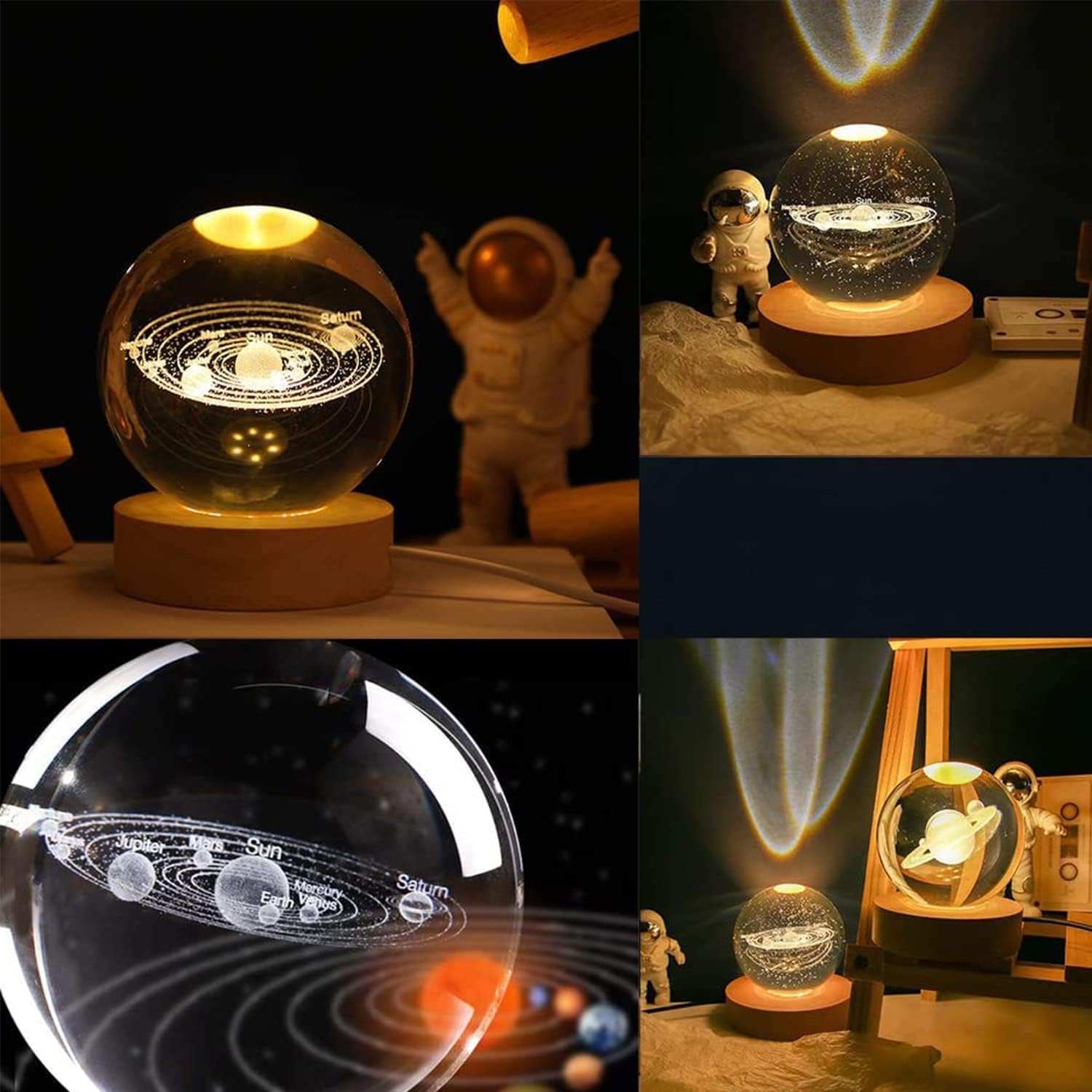 Crystal Ball Night Light,2.4 Inch Glass Ball Night LED Lamp with Woodern Base