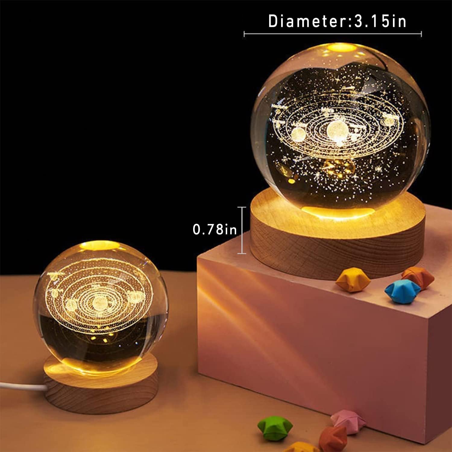 Crystal Ball Night Light,2.4 Inch Glass Ball Night LED Lamp with Woodern Base
